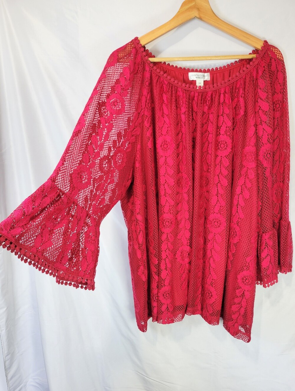 Deep Red Lace Bellsleeve Pompom Scoop Neck Blouse Top Boho Whimsical Romantic